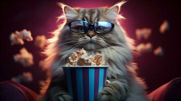 Super cute fluffy cat watching movie in the cinema. AI generated image. photo