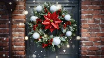 Christmas spruce and poinsettia wreath on the door. AI generated image. photo
