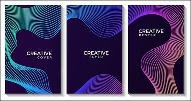 set of flyers with abstract dark background colorful lines vector