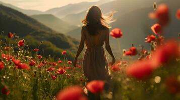 descalzo joven mujer caminando mediante el amapola flores campo. ai generado imagen. foto