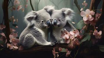 Super cute koalas couple hugging. Happy Valentine's day concept. AI generated image. photo