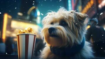 Super cute dog watching movie in the cinema. AI generated image. photo