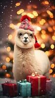 Super cute alpaca in Santa hat with gift boxes. Merry Christmas greeting concept. AI generated image. photo