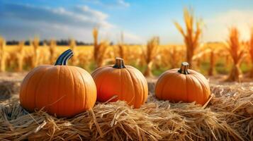 Hola otoño. calabazas en heno. ai generado imagen. foto