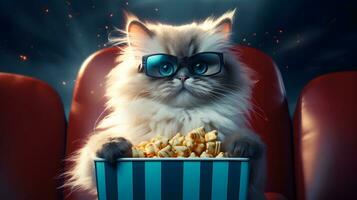 Super cute fluffy cat watching movie in the cinema. AI generated image. photo