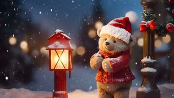 súper linda osito de peluche oso en Papa Noel sombrero con caja de regalo. ai generado imagen foto