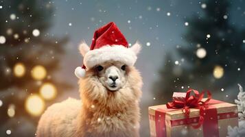 Super cute alpaca in Santa hat with gift boxes. Merry Christmas greeting concept. AI generated image. photo