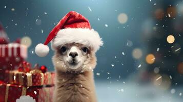 Super cute alpaca in Santa hat with gift boxes. Merry Christmas greeting concept. AI generated image. photo