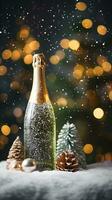 Bottle of sparkling champagne with Christmas tree on background. AI generated image. photo