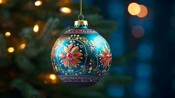 Christmas tree ball with folk ornament. AI generated image. photo