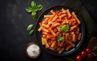 Pasta with tomato sauce served in bowl top view with copy space photo