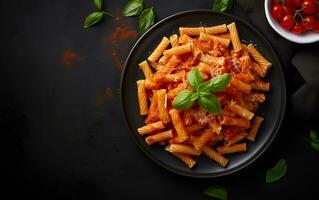 Pasta with tomato sauce served in bowl top view with copy space photo
