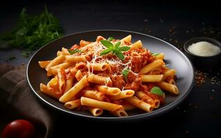 Pasta with tomato sauce served in bowl top view with copy space photo