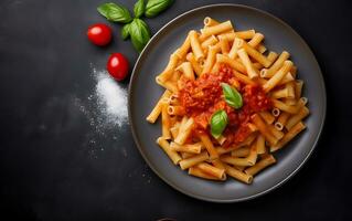 Pasta with tomato sauce served in bowl top view with copy space photo