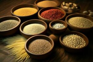 A diverse selection of grains showcased on a charming wooden board AI Generated photo