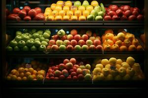 Retail display case teeming with an assortment of apples, oranges AI Generated photo