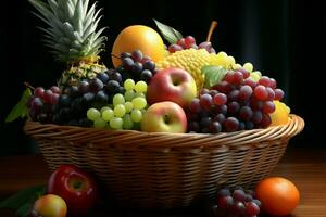 un cuerno de la abundancia de Fresco y vistoso frutas pulcramente arreglado en un cesta ai generado foto