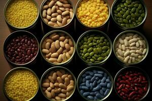 Assorted canned beans, presenting a variety of canned legumes AI Generated photo