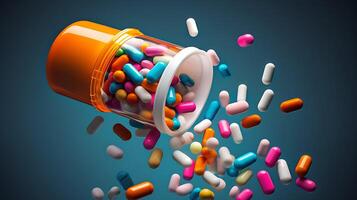 Medicine bottle spilling colorful background photo