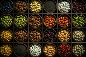 Birds eye view of diverse beans in small wooden containers AI Generated photo