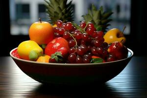 un decorativo cuenco desbordante con un variedad de delicioso frutas ai generado foto