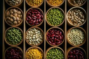 Array of diverse beans seen from above, arranged in wooden containers AI Generated photo