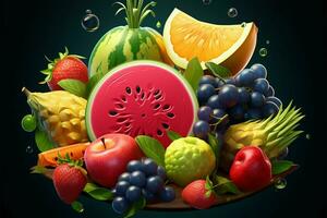 vibrante frutas, incluso sandía, cerezas, uvas, y limón, incorporado dentro un juegos logo y 3d íconos ai generado foto