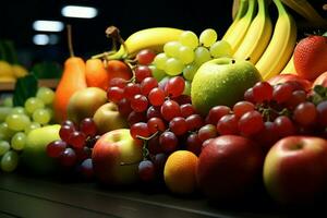Fresco y jugoso mercado Fruta disponible para tu tienda de comestibles necesidades ai generado foto