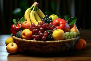 un tejido cesta rebosante con un encantador surtido de Fresco frutas ai generado foto