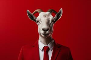 Businessman portrait of goat in suit and tie on isolated red background Ai Generated photo