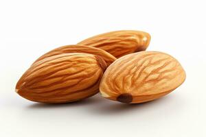 Almond nuts on white background. Close up. Top view. Ai Generated photo