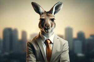 Conejo vistiendo un traje y Corbata como un empresario en blanco antecedentes ai generado foto