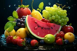 Fruits like watermelon, cherries, grapes, and lemon for a games visual identity AI Generated photo