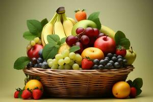 Fruits arranged within a basket, with a soothing, pale background AI Generated photo