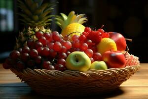 un atractivo presentación de frutas dentro un cesta, conjunto en madera ai generado foto