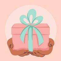 Make a gift day. Gift packaging box in hands vector