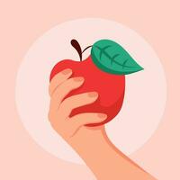 comer un rojo manzana día. manzana en mano bandera vector