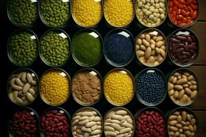 An array of canned beans, showcasing a diverse selection of flavors AI Generated photo