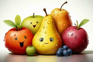 Three larger than life cartoon fruit artworks against a super white backdrop AI Generated photo