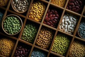 From above, diverse beans artfully arranged in small wooden containers AI Generated photo