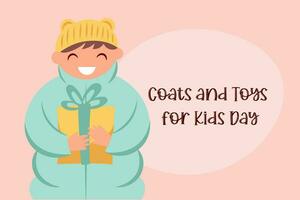 Coats and toys for kids day. Donation help for child vector