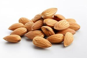 Almond nuts on white background. Close up. Top view. Ai Generated photo