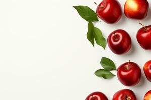 Fresh red apples on white background, top view. Space for text Ai Generated photo