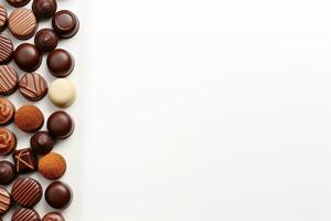 Chocolate bars on white background. Shallow depth of field. Ai Generated photo