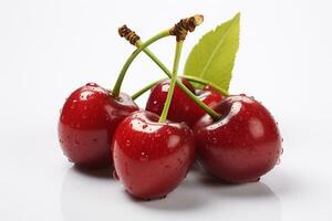 Cherries with leaves on a wooden table with copy space. Ai Generated photo