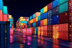 Containers in the port at night. 3d rendering image. Ai Generated photo