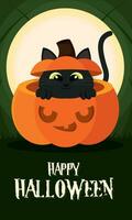 contento Víspera de Todos los Santos póster gato en un Víspera de Todos los Santos calabaza vector ilustración