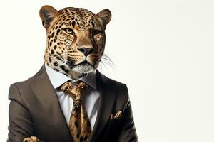 Portrait of a tiger in a businessman suit on a gray background. Ai Generated photo