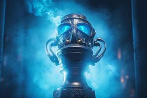 Trophy cup on a dark background with smoke. 3d rendering photo