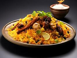 a Plate of hot biryani with meat photo